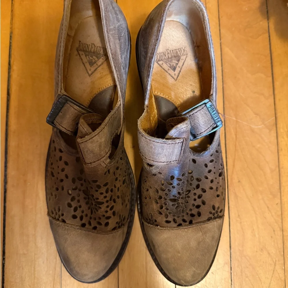 John Fluevog Brown Laser-Cut Leather Mary Jane Heels